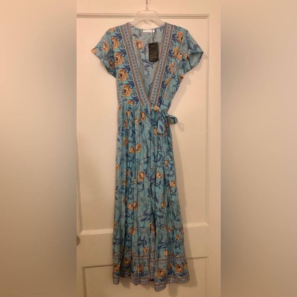 Blue Patterned Maxi Wrap Dress